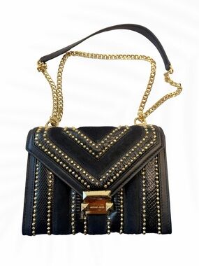Michael Kors Studded Chain Shoulder Bag Black Leather Suede Small Crossbody